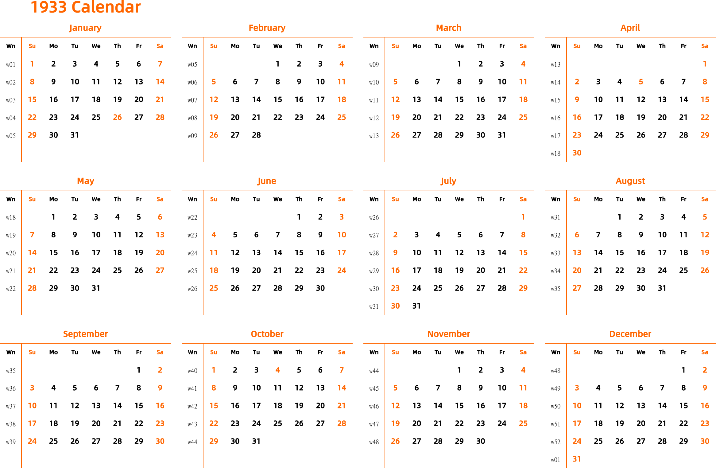 日历表1933年日历英文版横向排版周日开始带周数带节假日调休安排- 模板[DF004] - 日历精灵